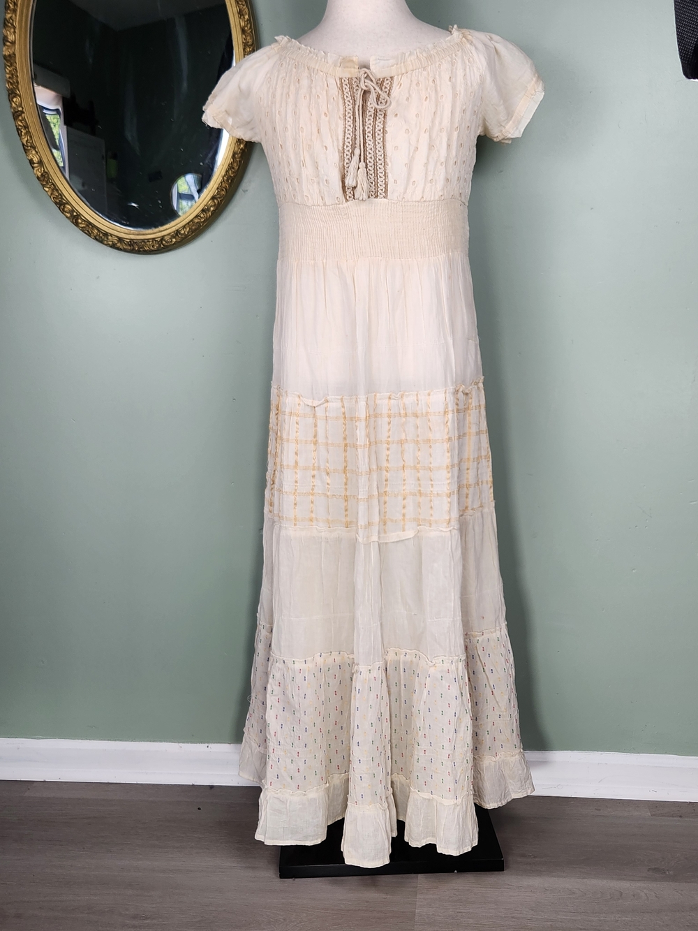 Anthropologie Style Boho Cottagecore Embroidered Tiered Cream Maixi Dress